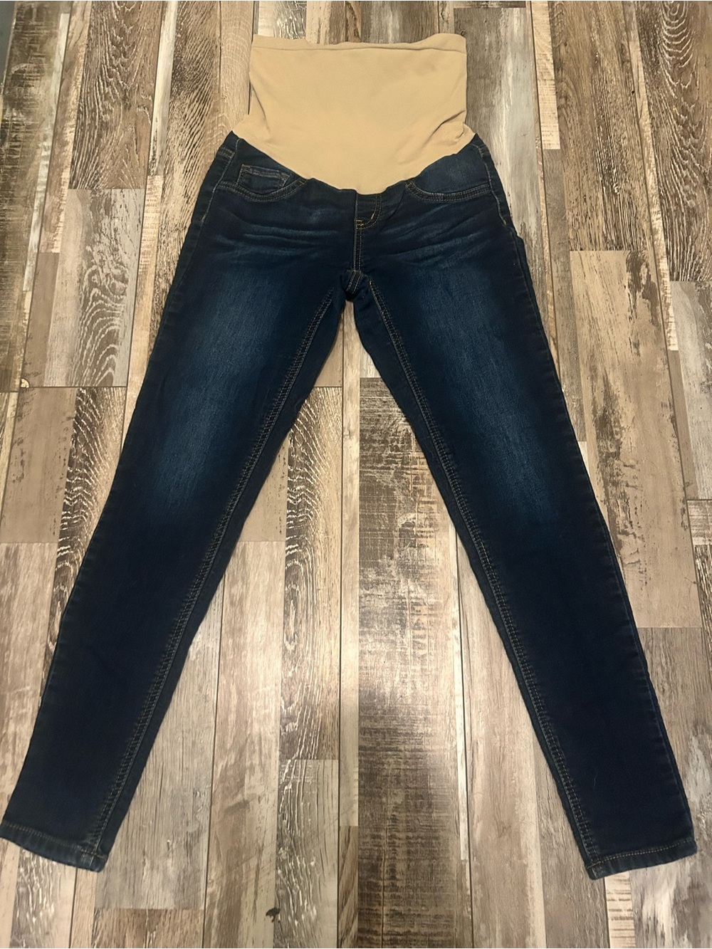 Indigo Blue Dark Blue Skinny Maternity Jeans with Beige Support Panel